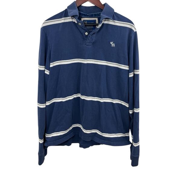 Abercrombie Fitch Polo Shirt Mens XXL 2XL Rugby Muscle Blue White Stripe Moose - Picture 1 of 8
